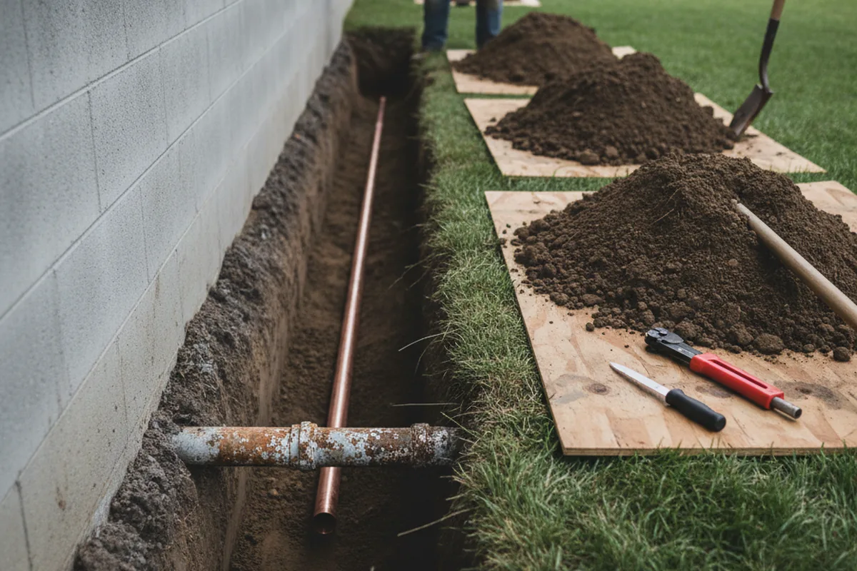 Excavated water line trench during Sewer Line Repair in Apulia Station